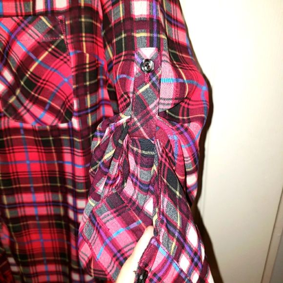 Pink plaid tartan silky flannel tunic button up size 10 - Picture 3 of 4